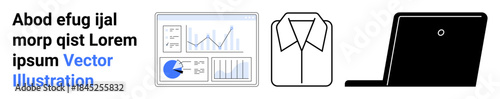 Data analytics chart, formal shirt, and laptop presenting business tools and attire. Ideal for business, analytics, technology, professionalism, work culture, attire simple landing page
