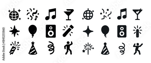 Party icons set: music, dance, celebration, drinks, fun symbols
