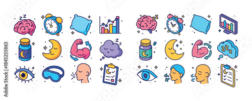 Sleep and wellness icons: pillows, clocks, brain, moon, charts,