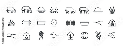 Farm icon set with animals, sunrise, barns, windmills, and fenci
