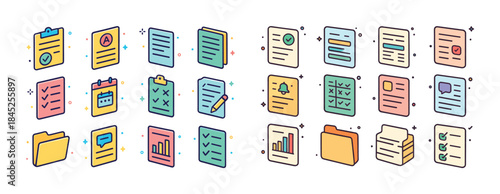 Colorful outline icons of documents folders checklists and notif