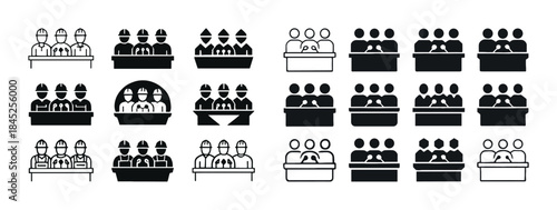 Icons of diverse professional panels and meetings in various sty