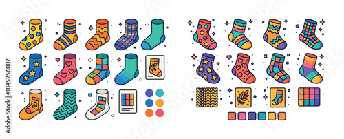 Colorful variety of patterned socks with design swatches display