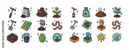 Colorful gardening icon set featuring tools, plants, and soil el