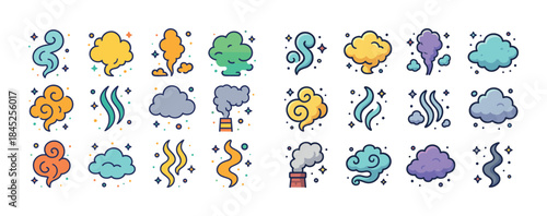 Colorful cartoon smoke and cloud icons with fantasy elements