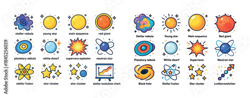 Colorful stellar phenomena illustrations: nebulae, stars, and co