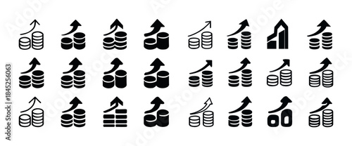 Set of black growth icons with stacked coins and arrows indicati