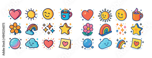 Colorful kawaii icons featuring hearts, stars, rainbows, and smi