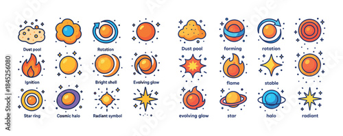 Colorful cosmic icons: stars, planets, and celestial bodies in v