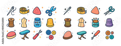 Colorful sewing tools collection with needles, scissors, measuri