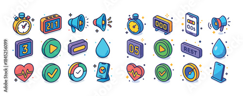 Colorful fitness and health icons with stopwatch, heart rate, wa