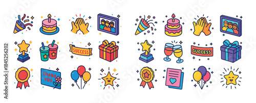 Colorful celebration icons: cake, balloons, gifts, and more