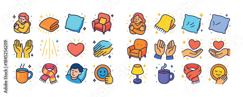 Cozy comfort icons set featuring relaxation symbols and warmth e