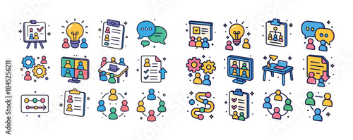 Colorful vector icons of team collaboration and business communi