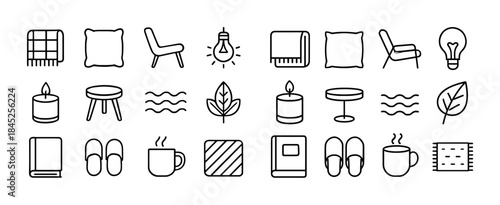 Minimalist home decor icons: pillows, lamps, plants, mugs, books