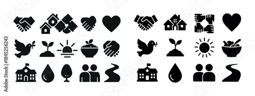 Icons of teamwork, environment, and community: hands, plants, an