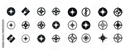 Set of various black compass rose icons in different designs and