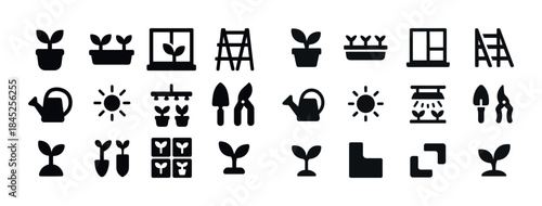 Gardening icon set: plants, tools, and growth symbols