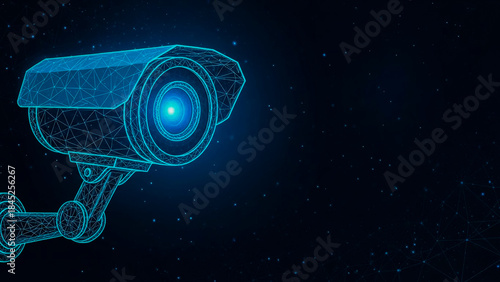 A glowing blue wireframe security camera with a bright lens vigilantly monitors a dark digital background with abstract network connections. This futuristic image embodies advanced digital