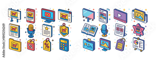 Colorful digital marketing icons set with various media and adve