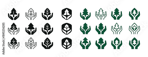Collection of eco-friendly tree and leaf icons in hands