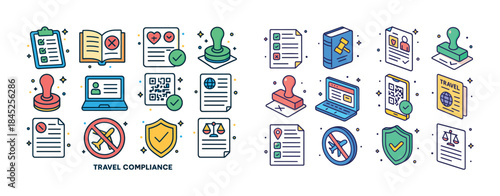 Compliance icons set with travel documents and safety symbols