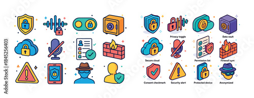 Colorful cybersecurity icons set featuring locks, firewalls, and