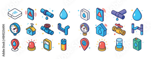 Smart water management icons: leak detection, monitoring, conser