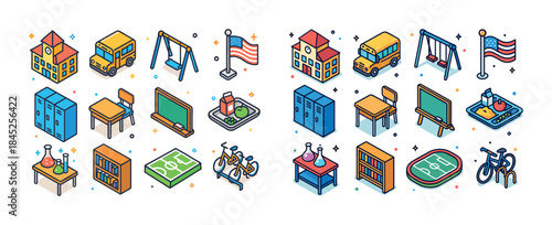 Colorful isometric school icons set with transportation and equi