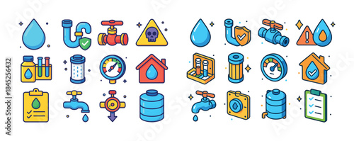 Colorful water and plumbing icon set with gauges and safety symb
