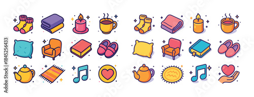 Cozy icons set featuring home comforts with socks, candle, teapo