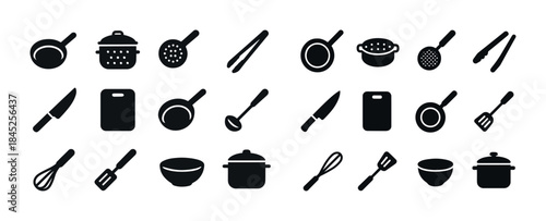 Kitchen utensil icons set: pots, pans, whisks, knives, and cutti