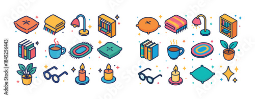 Colorful icon set featuring books, plants, candles, cushions, an