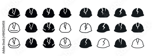 Set of iconic construction helmets with cracks in various styles