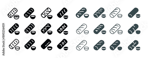 Set of sushi icons in various styles with dipping sauce bowls