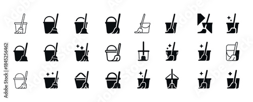 Set of cleaning tool icons with mop and bucket illustrations