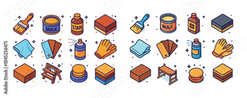 Illustrated tools and equipment for wood staining and finishing