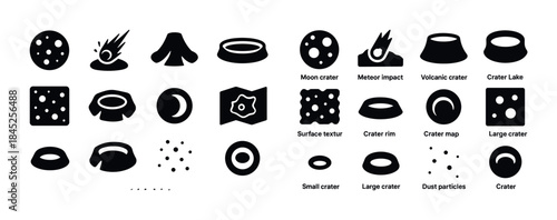 Collection of crater icons including moon, meteor impact, and vo