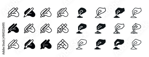 Stylized hands drawing and writing with pens in line art and sil