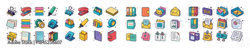 Colorful office supply icons illustrating different stationery a
