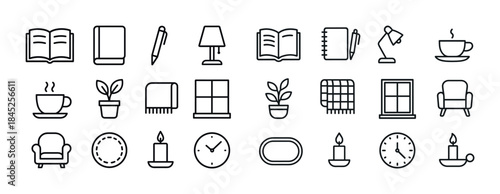 Minimalist icons: books, lamps, plants, cups, furniture, windows