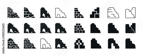 Collection of ancient ruins silhouette icons in various styles