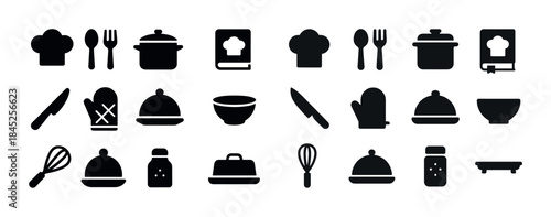 Cooking icon set: chef hats, utensils, pots, and kitchenware sil