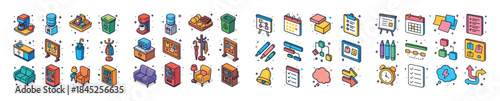 Colorful isometric icons of office and home furniture, appliance