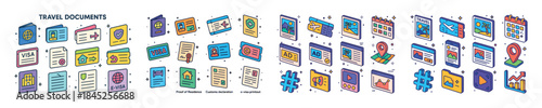 Colorful travel documents and icon set: passport, visa, ticket,