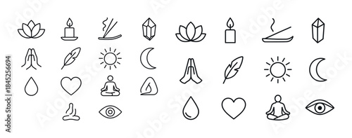Minimalist wellness and meditation icons featuring yoga, candles