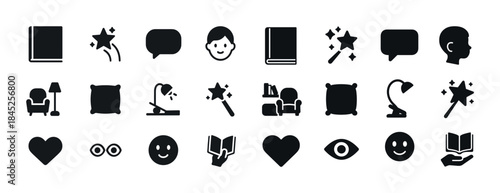 Icon set: books, magic wands, emoticons, and home objects
