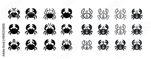 Collection of crab icons: diverse designs in black and white
