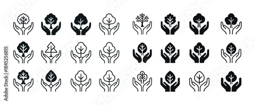 Tree and leaf icon set with hands in various silhouettes