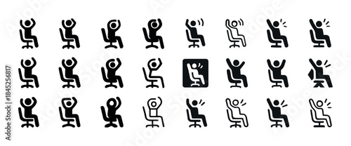 Office chair icons set: relaxed and active poses in black and wh